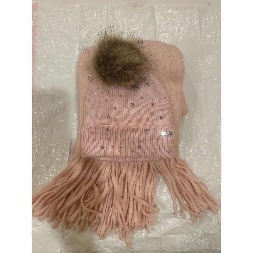 Steve Madden Pink Beanie Scarf Set Pearl Rhinestone Faux Fur Pom Winter